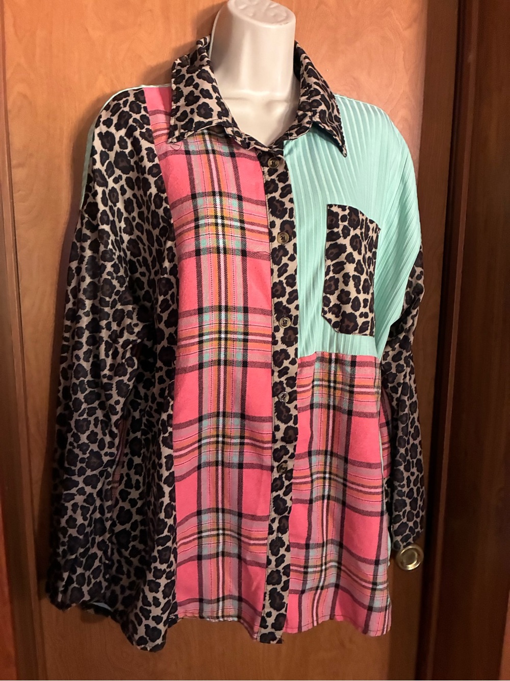 Patchwork Plaid & Leopard Button-Up Shirt Jacket in Pink and Mint